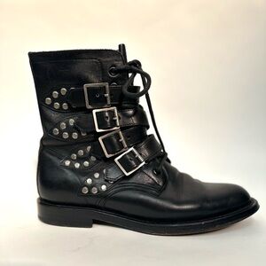 Saint Laurent  Leather Ranger Combat Strap Boots Womens EU 40 Studded Black